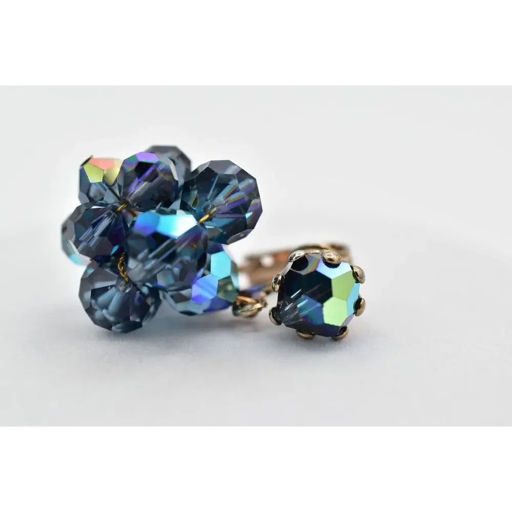 Laguna Vintage Clip On Crystal Earrings Dangle Navy Blue Drop Signed 1950s A24